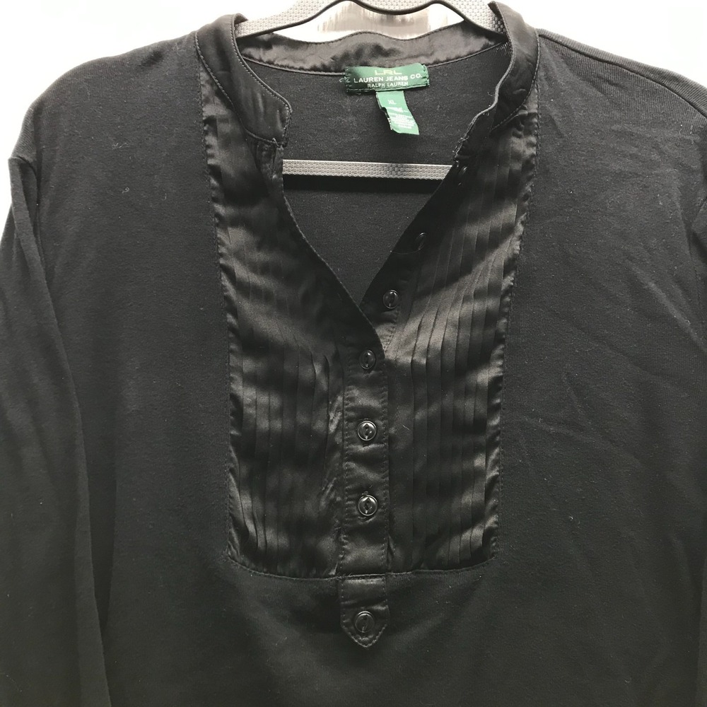 Lauren Jeans Co. Ralph Lauren Popover Top Women's XL Black Pleated Long Sleeve